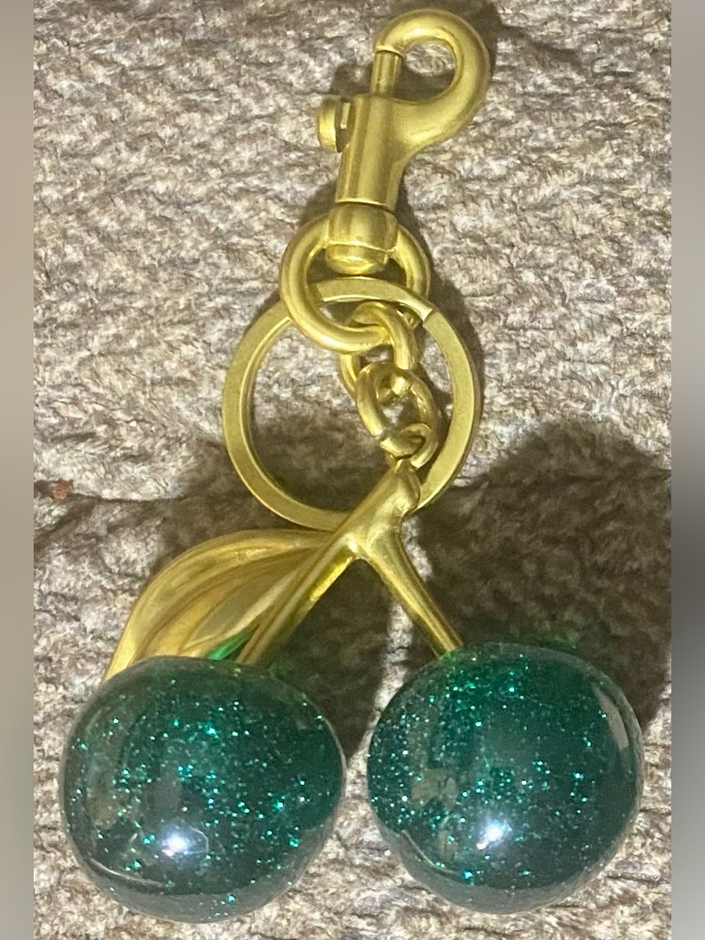 Bag charm/keychain gold hardware with emerald green glitter cherries